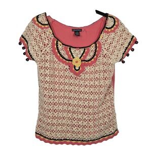 Gaby & Eden Coral Cream Crochet Short Sleeve Top Sz M Lined Rayon Boho Cottage